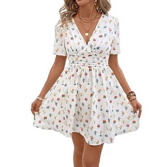 Women's Floral Wrap V Neck Casual Dress Elegant Spring Summer Modest Wedding Guest Outfit