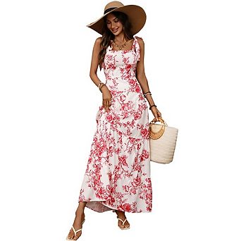 Women's Floral Eyelet Boho Long Maxi Dress Light Flowy Summer Beach Vacation Sundress