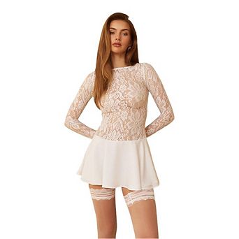 Women's Crew Neck Long Sleeve Sheer Lace Mini Dress Multi-Layer Ruffle Romantic Party Short Dress