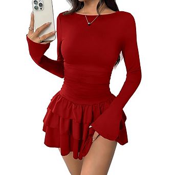 Women's Ruffle Hem Long Sleeve Mini Dress Crew Neck Slim Bodycon Club Party Outfit