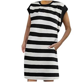 Women's Crewneck Striped Summer Dress, Casual Loose Pocketed Daily Vacation Sundress