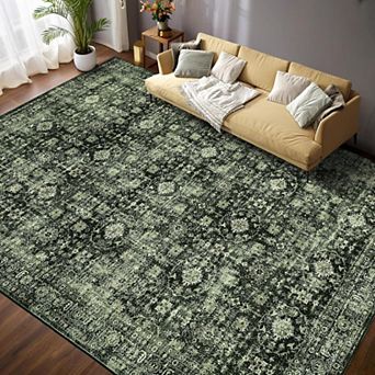 Vintage Distressed Area Rug Washable Non Slip Low Pile Stain Resistant Indoor Carpet