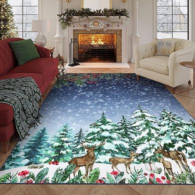 Washable Christmas Area Rug Non Slip Low Pile Polyester Indoor Holiday Floor Mat