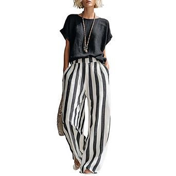 Women's 2 pc Sets Summer Outfits Short Sleeve Shirts Striped Wide Leg Pants Casual Lounge Set