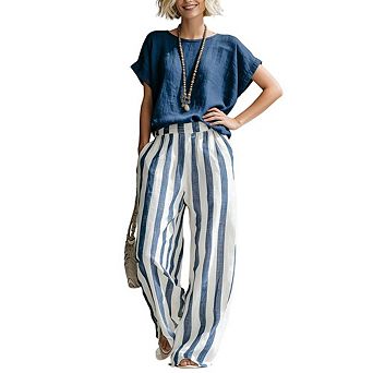 Women's 2 pc Sets Summer Outfits Short Sleeve Shirts Striped Wide Leg Pants Casual Lounge Set
