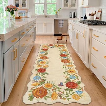 Vintage Floral Scalloped Area Rug Machine Washable Non Slip Low Pile Indoor Carpet for Home