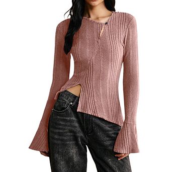 Womens Bell Sleeve Tops Ribbed Fitted Asymmetrical Shirts Casual Going Out Clothes