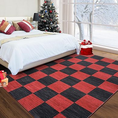 Washable Christmas Checkered Rug Non Slip Low Pile Indoor Floor Mat