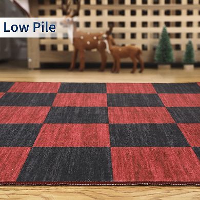 Washable Christmas Checkered Rug Non Slip Low Pile Indoor Floor Mat