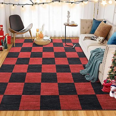 Washable Christmas Checkered Rug Non Slip Low Pile Indoor Floor Mat