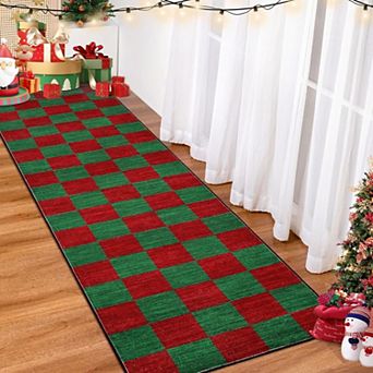 Washable Christmas Checkered Rug Non Slip Low Pile Indoor Floor Mat