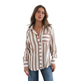 Womens Striped Button Down Shirts Casual Collared Dress Shirts Long Sleeve Business Work Shirt