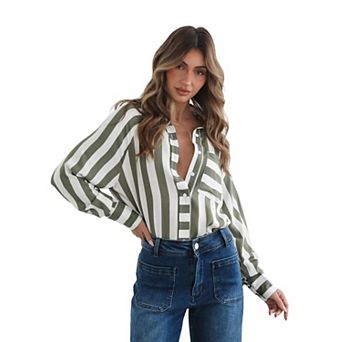 Womens Striped Button Down Shirts Casual Collared Dress Shirts Long Sleeve Business Work Shirt