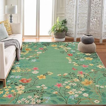 Washable Botanical Area Rug Large Living Room Rug Non Slip Low Pile Soft Carpet