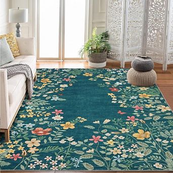 Washable Botanical Area Rug Large Living Room Rug Non Slip Low Pile Soft Carpet