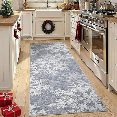 Washable Christmas Snowflake Rug Non Slip Low Pile Polyester Indoor Holiday Floor Mat