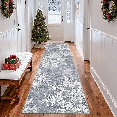 Washable Christmas Snowflake Rug Non Slip Low Pile Polyester Indoor Holiday Floor Mat