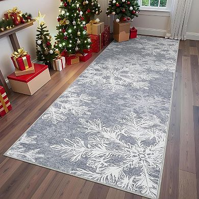 Washable Christmas Snowflake Rug Non Slip Low Pile Polyester Indoor Holiday Floor Mat