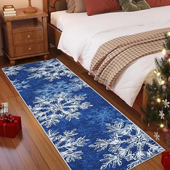 Washable Christmas Snowflake Rug Non Slip Low Pile Polyester Indoor Holiday Floor Mat