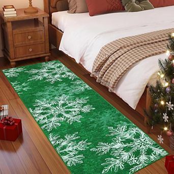 Washable Christmas Snowflake Rug Non Slip Low Pile Polyester Indoor Holiday Floor Mat