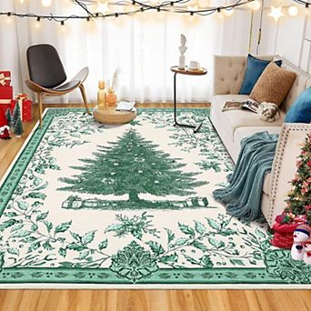Christmas Tree Rug Washable Holiday Non Slip Soft Low Pile Floor Carpet