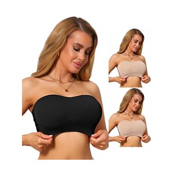 3 Packs Women's Strapless Bandeau Bra Tube Top Solid Lace Trim Hollow Out Wireless Bralette