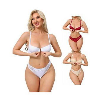 3 Packs 2 pc for Women Lace Lingerie Sets Front Closure Underwire Bra and Low Waisted Briefs Set