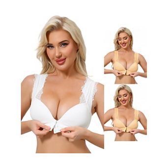 3 Packs Women's Lace Front Closure Push Up Wirefree Bras with Nonadjustable Straps