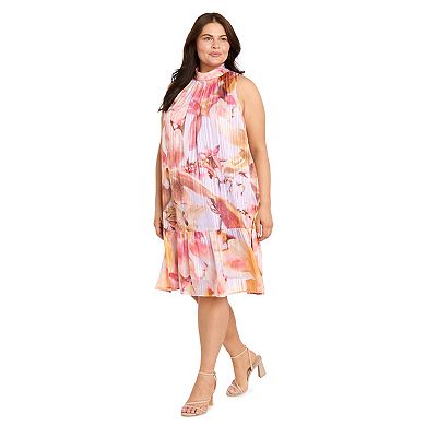 Plus Size R&M Richards Pleated Mock-Neck Tie-Back Trapeze Dress
