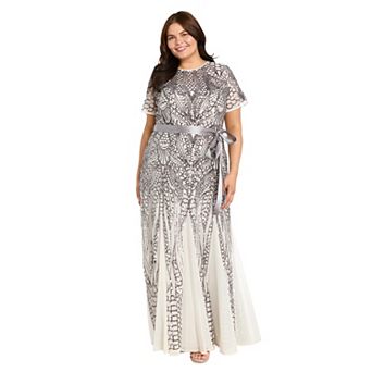 Plus Size R&M Richards Sequin Art Deco Godet Gown with Sash