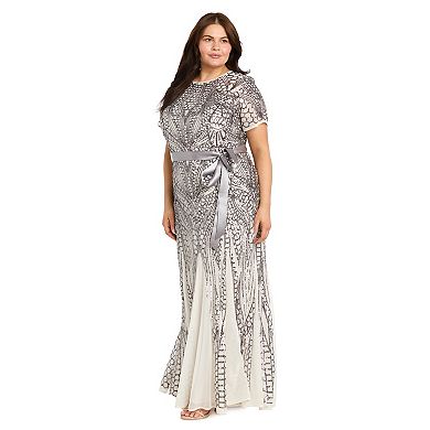 Plus Size R&M Richards Sequin Art Deco Godet Gown with Sash