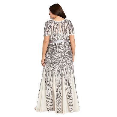 Plus Size R&M Richards Sequin Art Deco Godet Gown with Sash