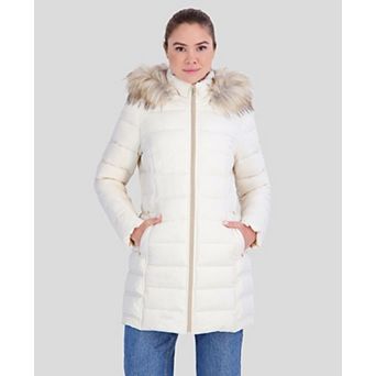 Women's Nautica Stretch Puffer Coat with Faux Fur Hood