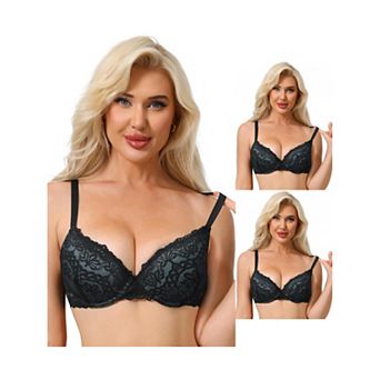 3 Packs Women's Floral Lace Push Up Underwire Adjustable Straps Bras Full Coverage Padded Lingerie