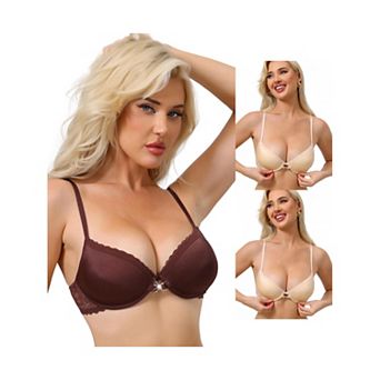 3 Packs Women's Lace Trim Push Up Bra Plunge Underwire Bralette Cleavage Bras Adjustable Straps