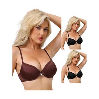 3 Packs Women's Lace Trim Push Up Bra Plunge Underwire Bralette Cleavage Bras Adjustable Straps