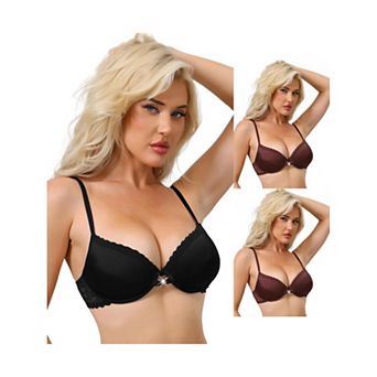 3 Packs Women's Lace Trim Push Up Bra Plunge Underwire Bralette Cleavage Bras Adjustable Straps
