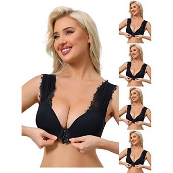 5 Packs Women's Lace Front Closure Push Up Wirefree Bras with Nonadjustable Straps