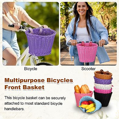 1 Pack Bike Basket Front, Hand-Woven Bicycle Basket with Adjustable PU Belts