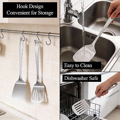 2PCS Metal Spatula Set, Stainless Steel Spatula Solid & Slotted Turner Flipper for Kitchen Use