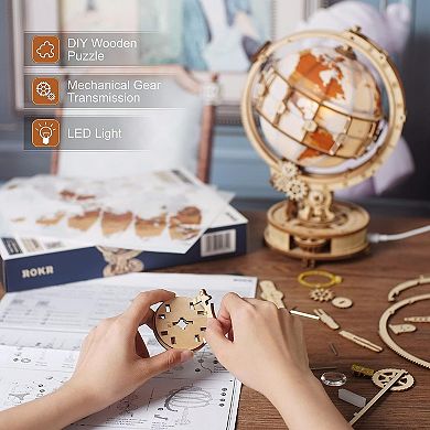 ROKR 3D Wooden Puzzles for Adults Illuminated Globe with Built-in LED Model Kit