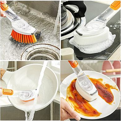 Soap Dispensing Dish Brush with 4 Non-Scratch Refills Replace Head