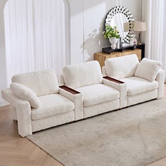CEWOR Modular Sectional Sofa w/Convertible Armrests & Bolster, 3 Seat Teddy Fleece Fabric Sofa Set