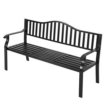 E-Coated Metal Frame Outdoor Bench with Backrest and a Built-In Small Table,Black