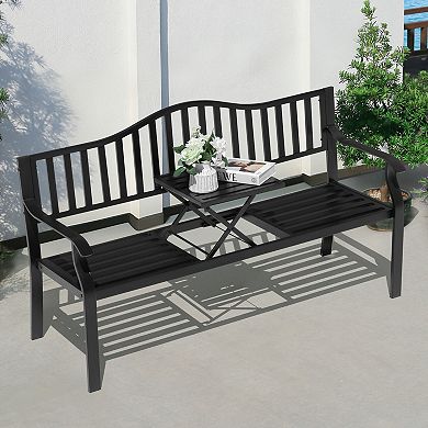 E-Coated Metal Frame Outdoor Bench with Backrest and a Built-In Small Table,Black
