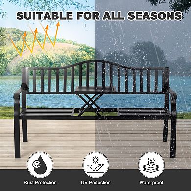 E-Coated Metal Frame Outdoor Bench with Backrest and a Built-In Small Table,Black
