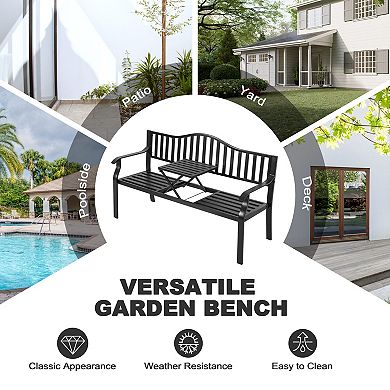 E-Coated Metal Frame Outdoor Bench with Backrest and a Built-In Small Table,Black