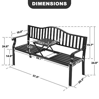 E-Coated Metal Frame Outdoor Bench with Backrest and a Built-In Small Table,Black