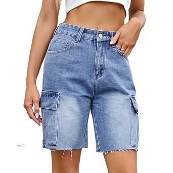 Women's Bermuda Cargo Denim Shorts Knee Length Multi Pockets Elastic Waist Casual Long Short