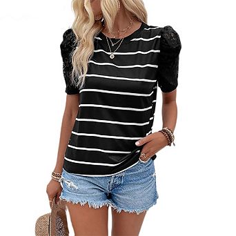 Womens Short Sleeve Tops Dressy Casual Summer Shirts Lace Sleeve Classic Trendy Tunic Tees